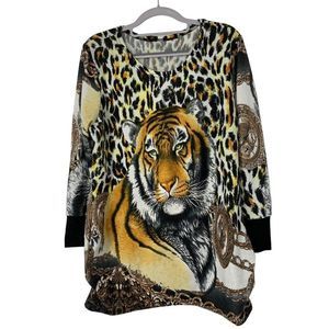 Womens Tiger Tunic Top size MP Ruche Sides Knit Sweater Pullover 5068